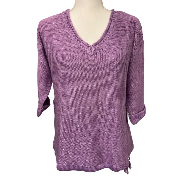 DKNY Jeans Tops - DKNY Jeans Women’s L Purple V-Neck Sequin Knit Sweater 3/4 Sleeves Light Comfort